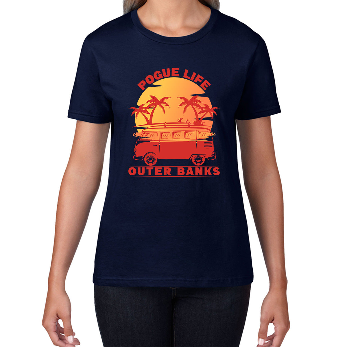 Outer Banks Pogue Life  Beach Surf Van Vintage Retro Beach Sunset Surfing TV Series JJ Maybank OBX Fans Outer Banks Show Womens Tee Top