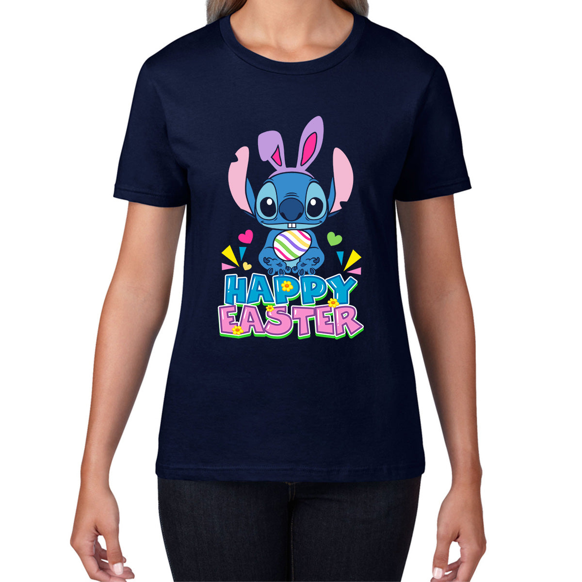 Happy Easter Stitch Bunny Holding Easter Eggs Cute Cartoon Lilo & Stitch Easter Bunny Spoof Egg Hunt Womens Tee Top