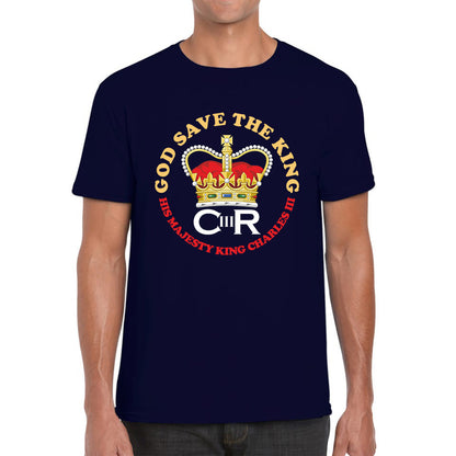 God Save The King CR III King Charles III Coronation 2023 His Majesty British Royal Crown Union Jack Mens Tee Top