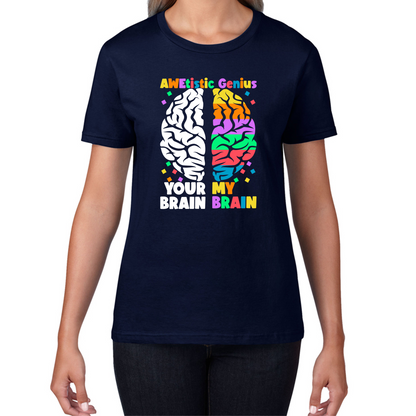 Awetistic Genius Your Brain My Brain Autism Awareness Brain Comparison Funny Health Awareness Joke Puzzle Womens Tee Top