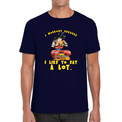 I Workout Because I Like To Eat A Lot Goku Eating A Hamburger Dragon Ball Anime Gym Bodybuilding Workout Mens Tee Top