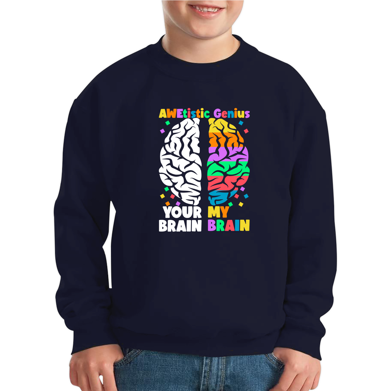 Awetistic Genius Your Brain My Brain Autism Awareness Brain Comparison Funny Health Awareness Joke Puzzle Kids Jumper