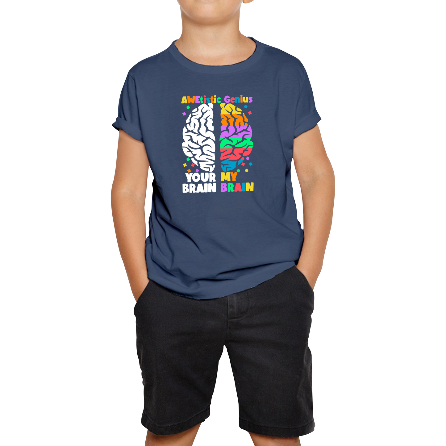 Awetistic Genius Your Brain My Brain Autism Awareness Brain Comparison Funny Health Awareness Joke Puzzle Kids T Shirt