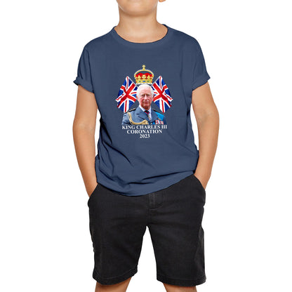 King Charles III Coronation 2023 British United Kingdom Uk Flags CR III Royal Crown Ruling Monarch Of England Kids T Shirt