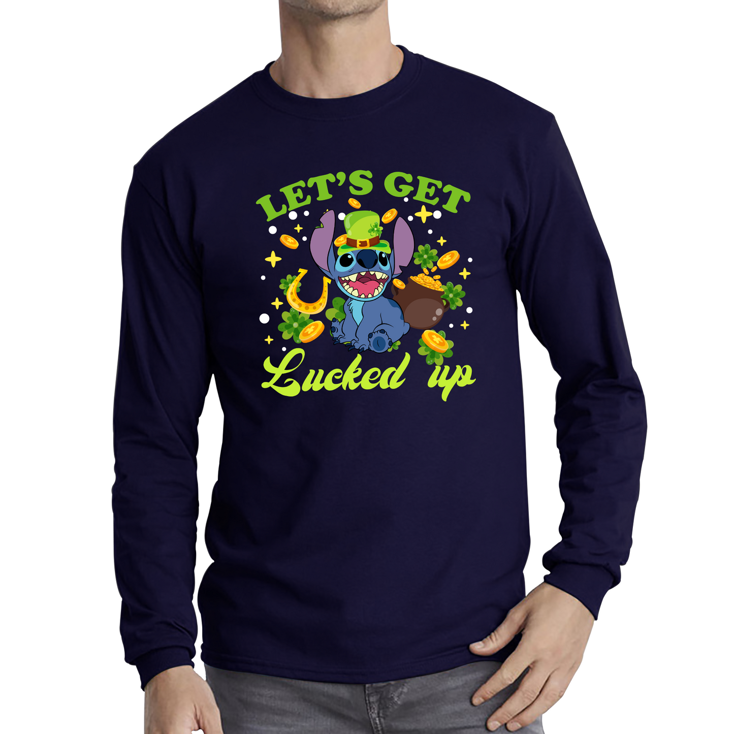 Let's Get Lucked Up Stitch Leprechaun Funny Cartoon St Patrick's Day Irish Festival Long Sleeve T Shirt