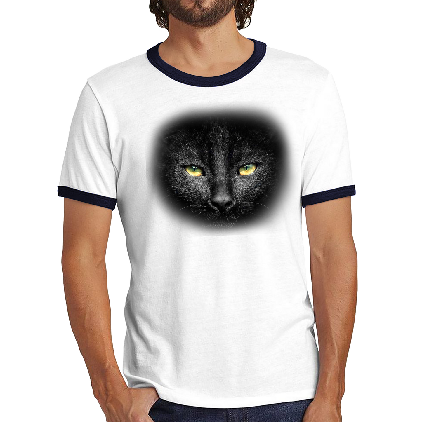 Black Cat Yellow Eyes Shirt Big Print Full-On Front Spooky Horror Scary Black Cat Ringer T Shirt