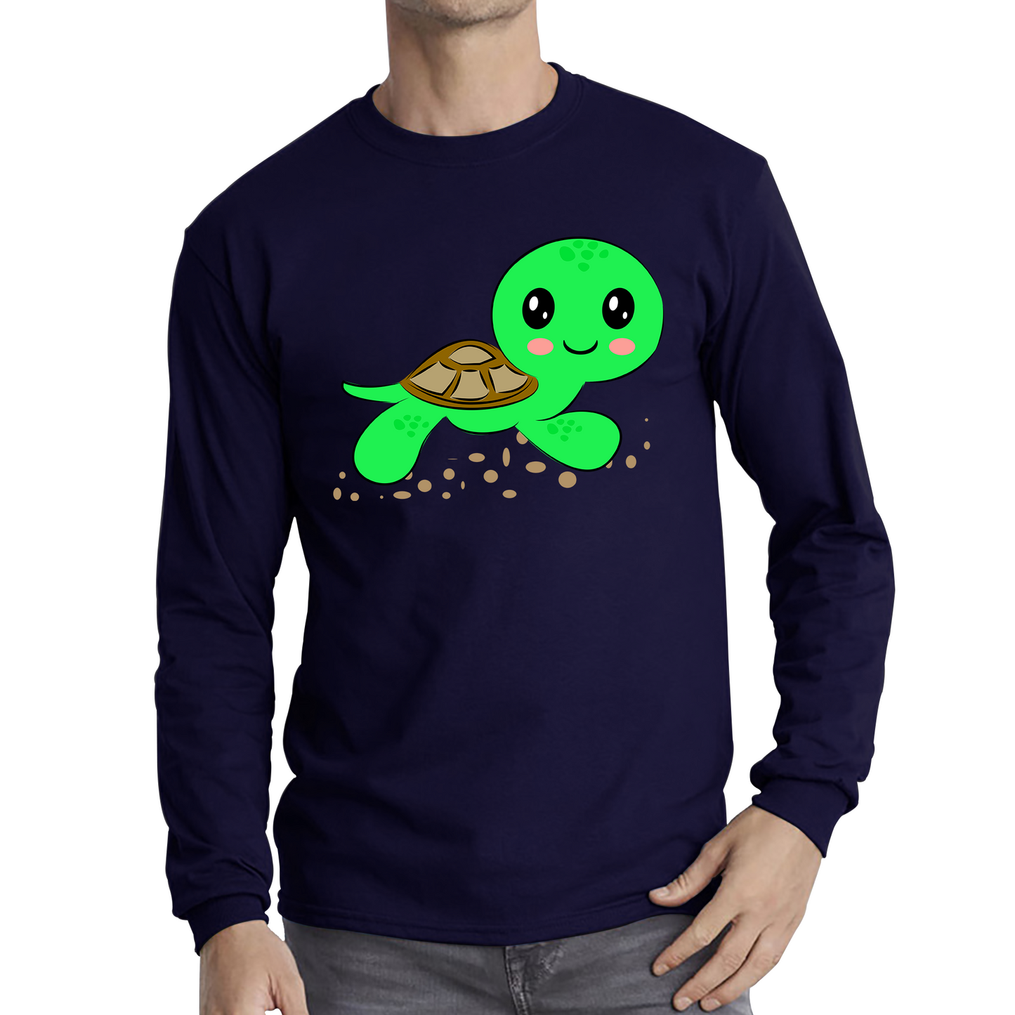 Swimming Cartoon Turtle, Funny Cute Little Sea Turtle Long Sleeve T Shirt