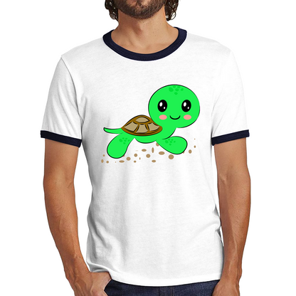 Swimming Cartoon Turtle, Funny Cute Little Sea Turtle Ringer T Shirt