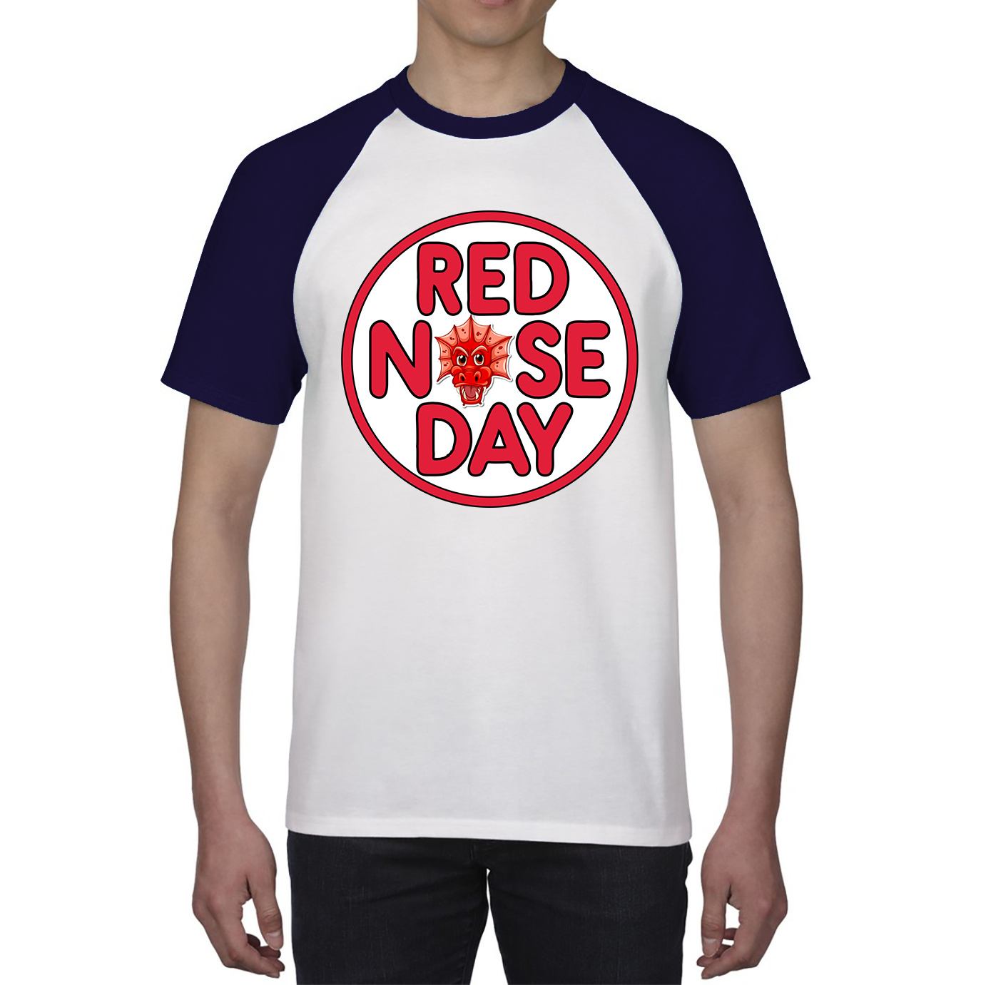 Dragon Face Red Nose Day Baseball T Shirt. 50% Goes To Charity