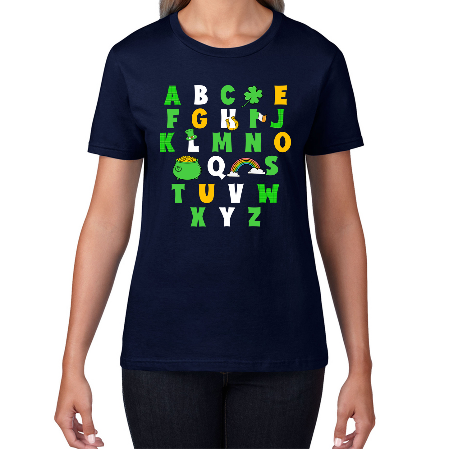 St Patrick's Day Alphabet Letters Alphabet A - Z Shamrock Alphabet St Paddy's Letters Womens Tee Top