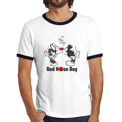 Disney Mickey And Minnie Mouse Red Nose Day Ringer T Shirt. 50% Goes To Charity