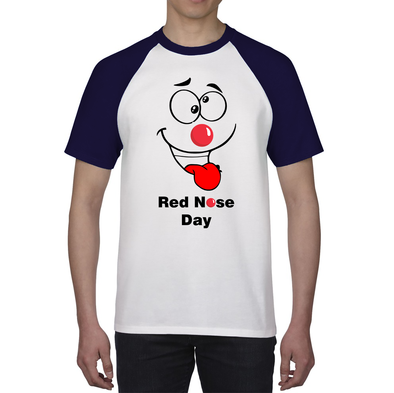 Funny Emoji Face Red Nose Day Baseball T Shirt. 50% Goes To Charity