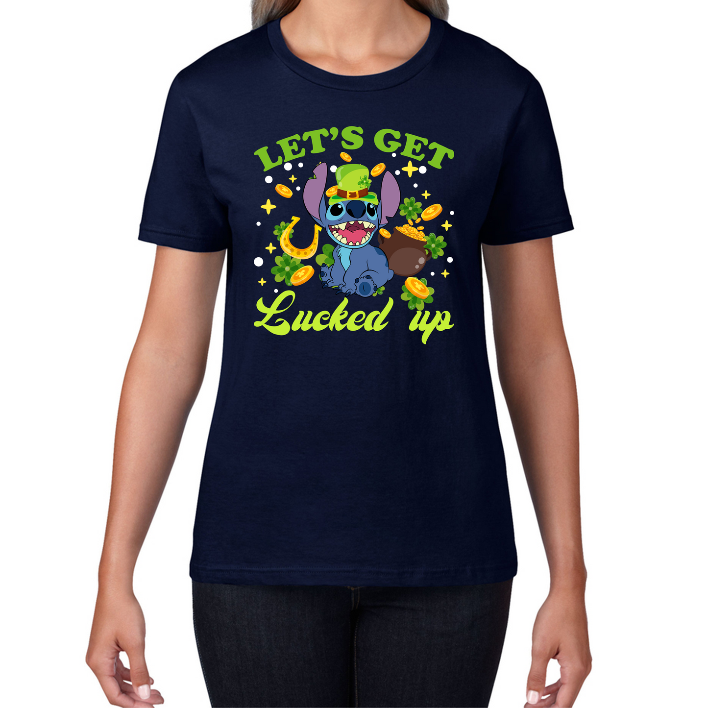 Let's Get Lucked Up Stitch Leprechaun Funny Cartoon St Patrick's Day Irish Festival Womens Tee Top