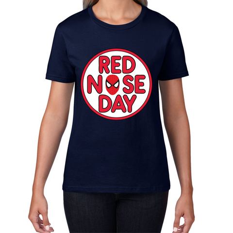 Spiderman Face Red Nose Day Ladies T Shirt. 50% Goes To Charity