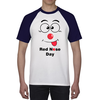 Funny Emoji Face Red Nose Day Baseball T Shirt. 50% Goes To Charity