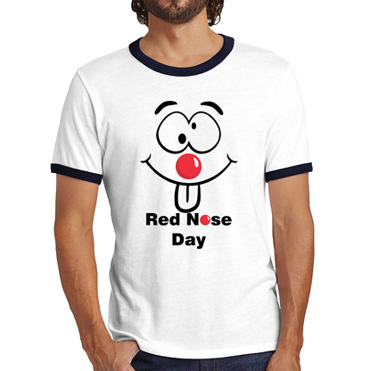 Funny Emoji Face Red Nose Day Ringer T Shirt. 50% Goes To Charity