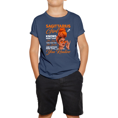 Sagittarius Girl Knows More Than Think More Than Horoscope Zodiac Astrological Sign Birthday Kids Tee