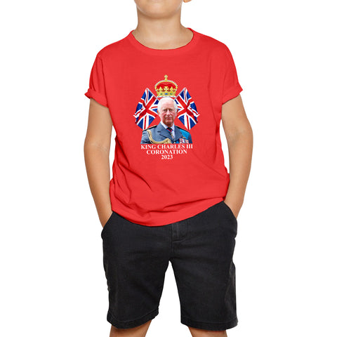King Charles III Coronation 2023 British United Kingdom Uk Flags CR III Royal Crown Ruling Monarch Of England Kids T Shirt