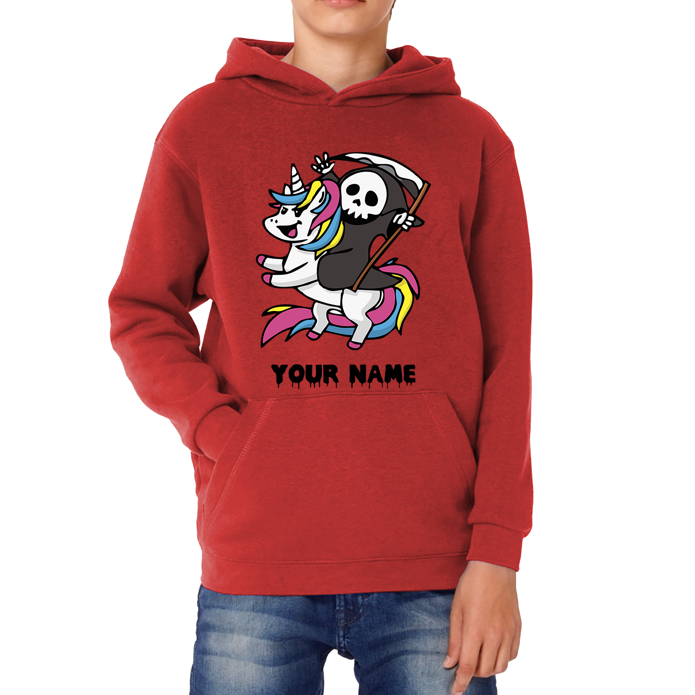 Personalised Cute Death Riding A Kawaii Unicorn Your Name Kids Hoodie