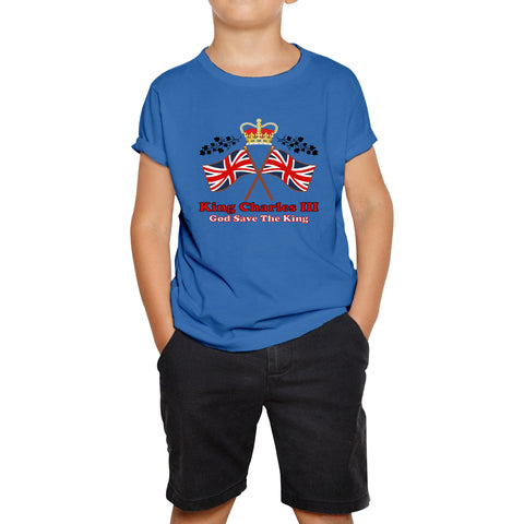 King Charles III Coronation God Save The King United Kingdom Flag Royal Crown CR III His Majesty Kids T Shirt