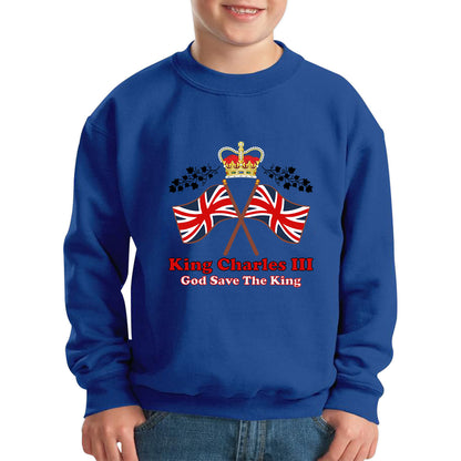 King Charles III Coronation God Save The King United Kingdom Flag Royal Crown CR III His Majesty Kids Jumper