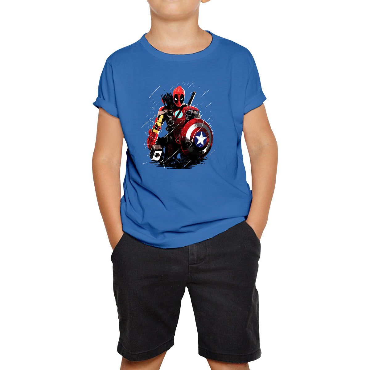 Deadpool With All Marvel Superhero Weapons Captain America, Spired-man, Iron Man, Deadpool, Thor, And Hawkeye Kids T Shirt