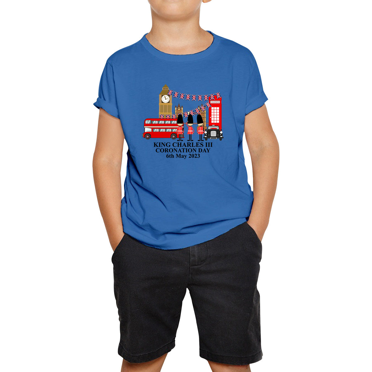 King Charles III Coronation Day 6th May 2023 Great Britain Big Ben Tower Telephone Booth And Red Bus London England Flag Kids T Shirt