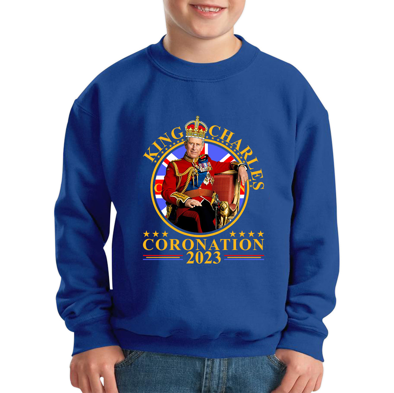 King Charles III Coronation 2023 Ruling Monarch Of England United Kingdom Royal Crown Kids Jumper