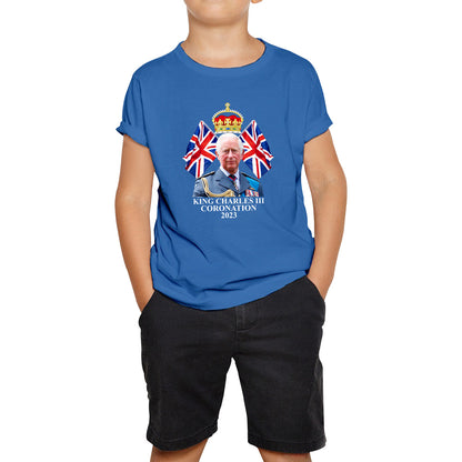 King Charles III Coronation 2023 British United Kingdom Uk Flags CR III Royal Crown Ruling Monarch Of England Kids T Shirt