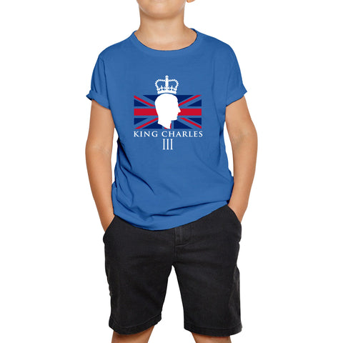 King Charles III Coronation British Flag CR III Royal Crown His Majesty Union Jack Great Britain Kids T Shirt