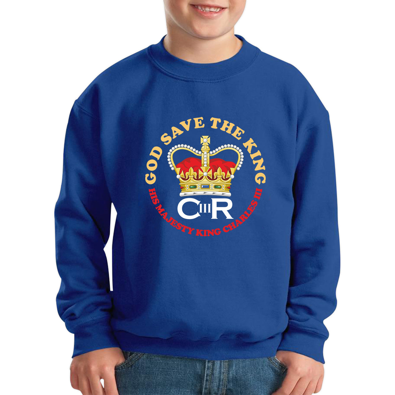 God Save The King CR III King Charles III Coronation 2023 His Majesty British Royal Crown Union Jack Kids Jumper