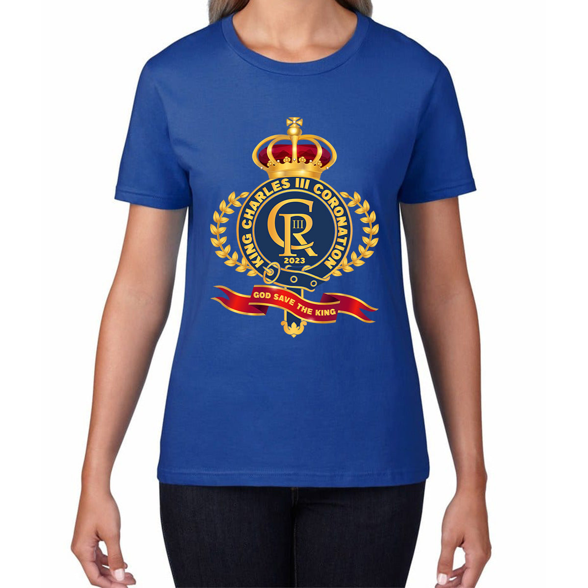 King Charles III Coronation 2023 CR III God Save The King Royal Crown United Kingdom Ruling Monarch Womens Tee Top