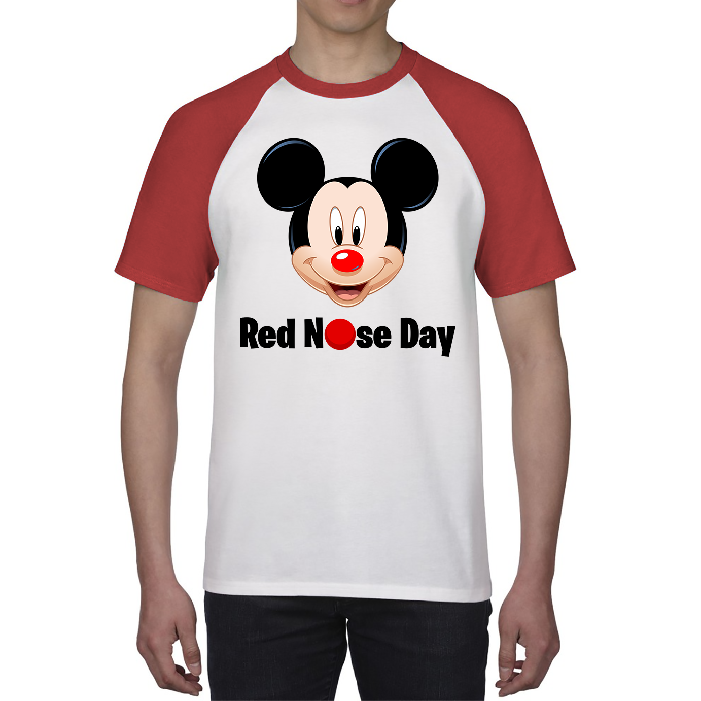 Disney Mickey Mouse Red Nose Day Baseball T Shirt. 50 Goes To Charity Spoofytees