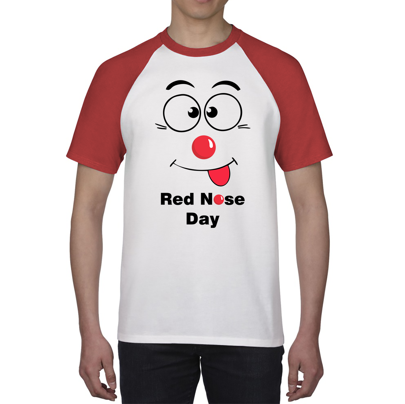 Funny Emoji Face Red Nose Day Baseball T Shirt. 50% Goes To Charity