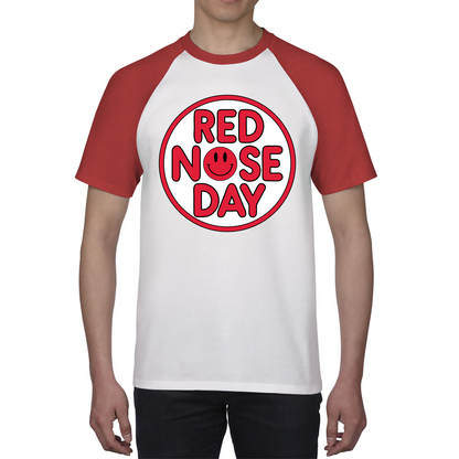 Smiley Face Red Nose Day Baseball T Shirt. 50% Goes To Charity