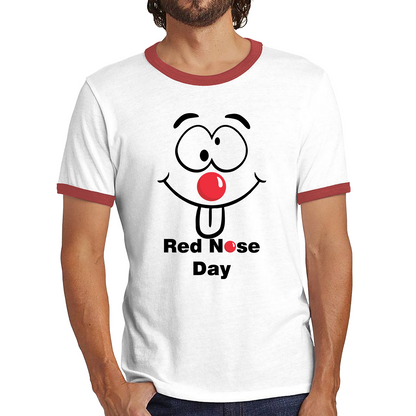 Funny Emoji Face Red Nose Day Ringer T Shirt. 50% Goes To Charity