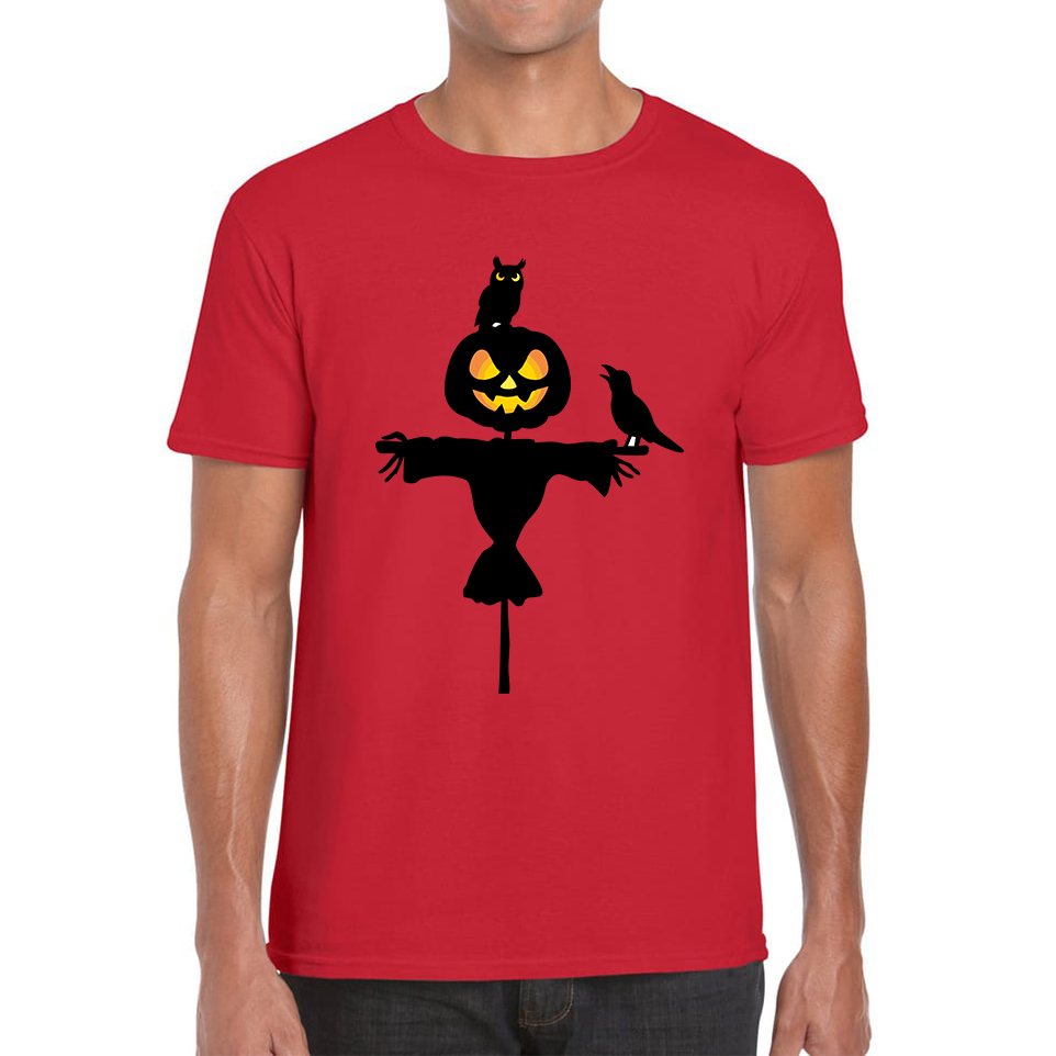 Scarecrow With Owl And Raven Halloween Pumpkin Head Horror Scary Mens Tee Top