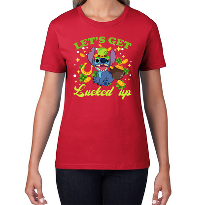 Let's Get Lucked Up Stitch Leprechaun Funny Cartoon St Patrick's Day Irish Festival Womens Tee Top