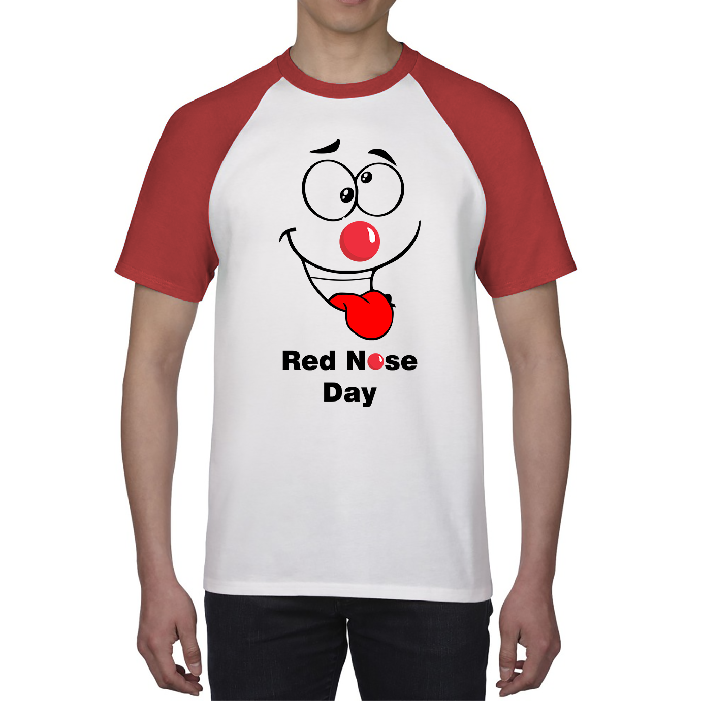 Funny Emoji Face Red Nose Day Baseball T Shirt. 50% Goes To Charity