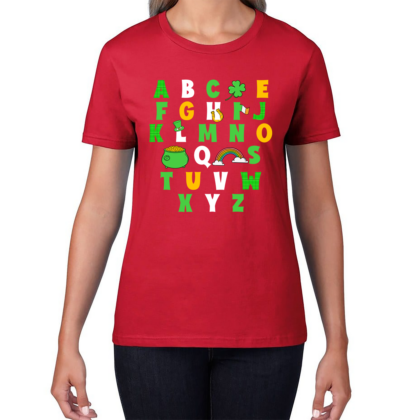 St Patrick's Day Alphabet Letters Alphabet A - Z Shamrock Alphabet St Paddy's Letters Womens Tee Top