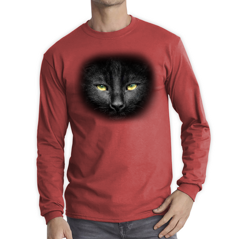 Black Cat Yellow Eyes Shirt Big Print Full-On Front Spooky Horror Scary Black Cat Long Sleeve T Shirt