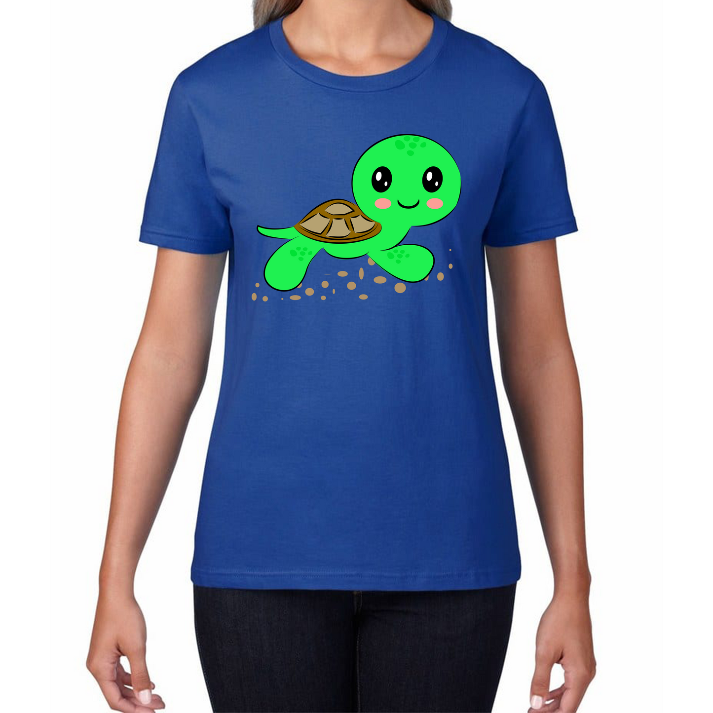 Swimming Cartoon Turtle, Funny Cute Little Sea Turtle Womens Tee Top