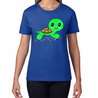 Swimming Cartoon Turtle, Funny Cute Little Sea Turtle Womens Tee Top