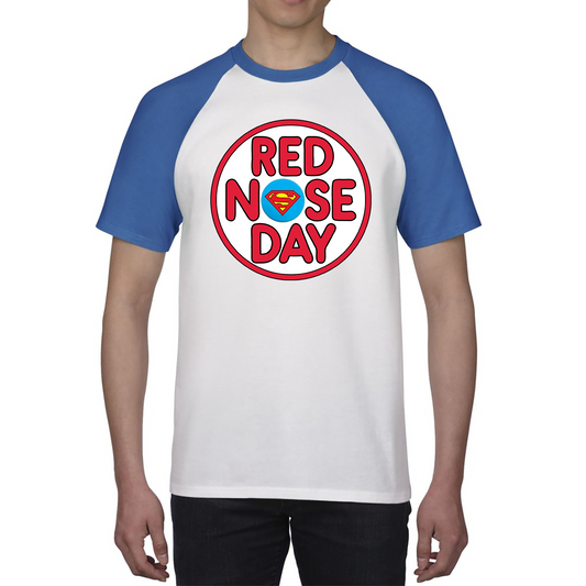 Superman Red Nose Day Baseball T Shirt. 50% Goes To Charity