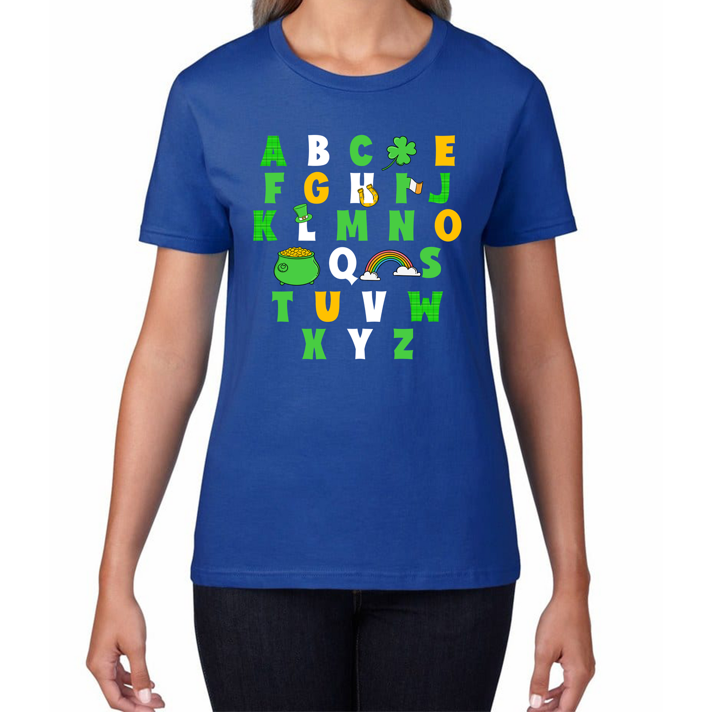 St Patrick's Day Alphabet Letters Alphabet A - Z Shamrock Alphabet St Paddy's Letters Womens Tee Top