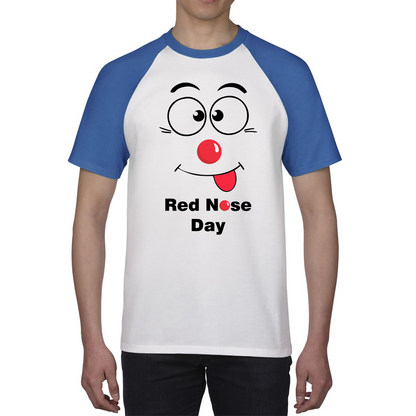 Funny Emoji Face Red Nose Day Baseball T Shirt. 50% Goes To Charity