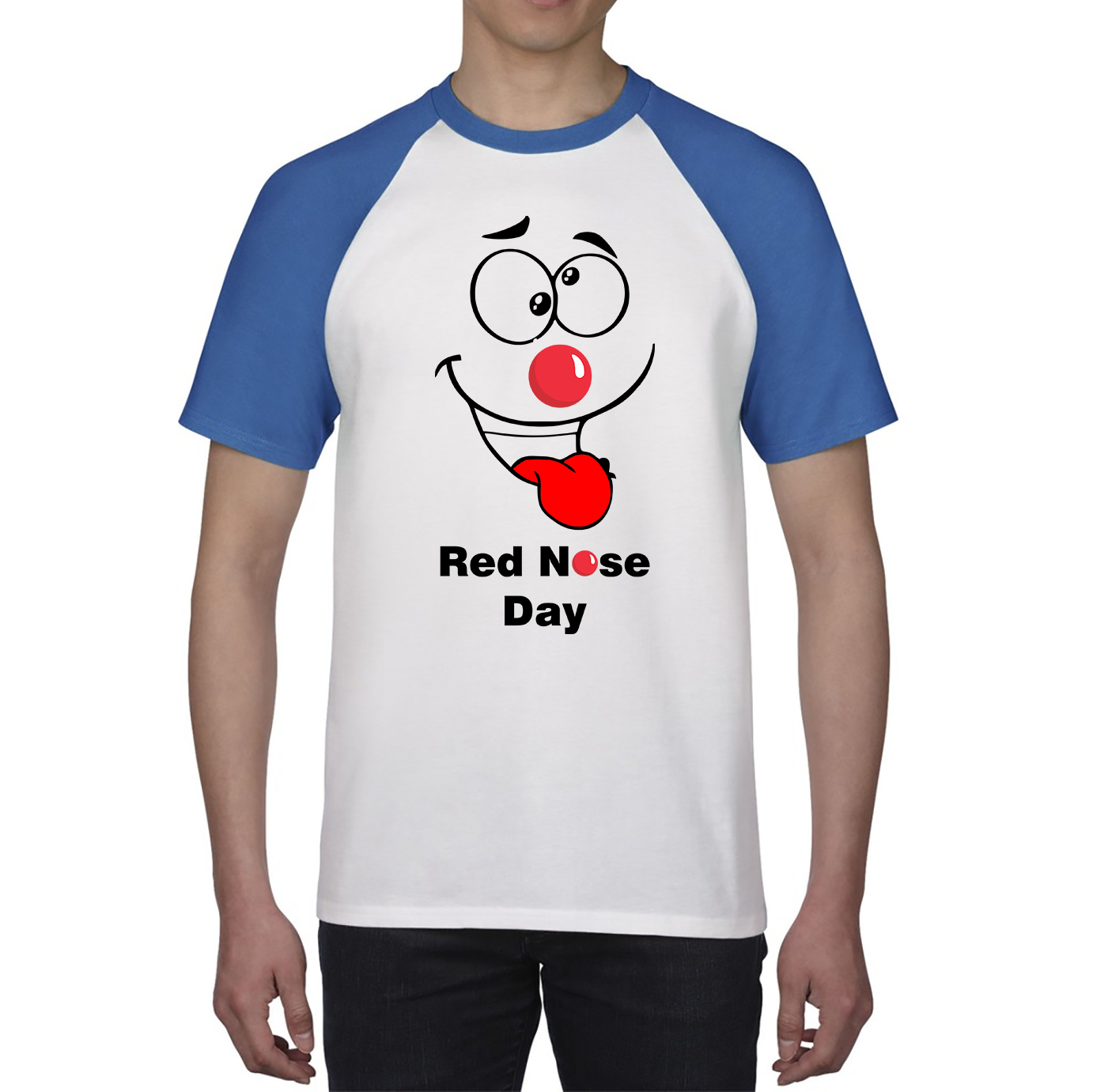 Funny Emoji Face Red Nose Day Baseball T Shirt. 50% Goes To Charity