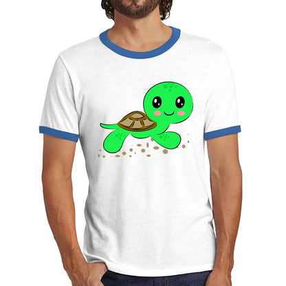 Swimming Cartoon Turtle, Funny Cute Little Sea Turtle Ringer T Shirt