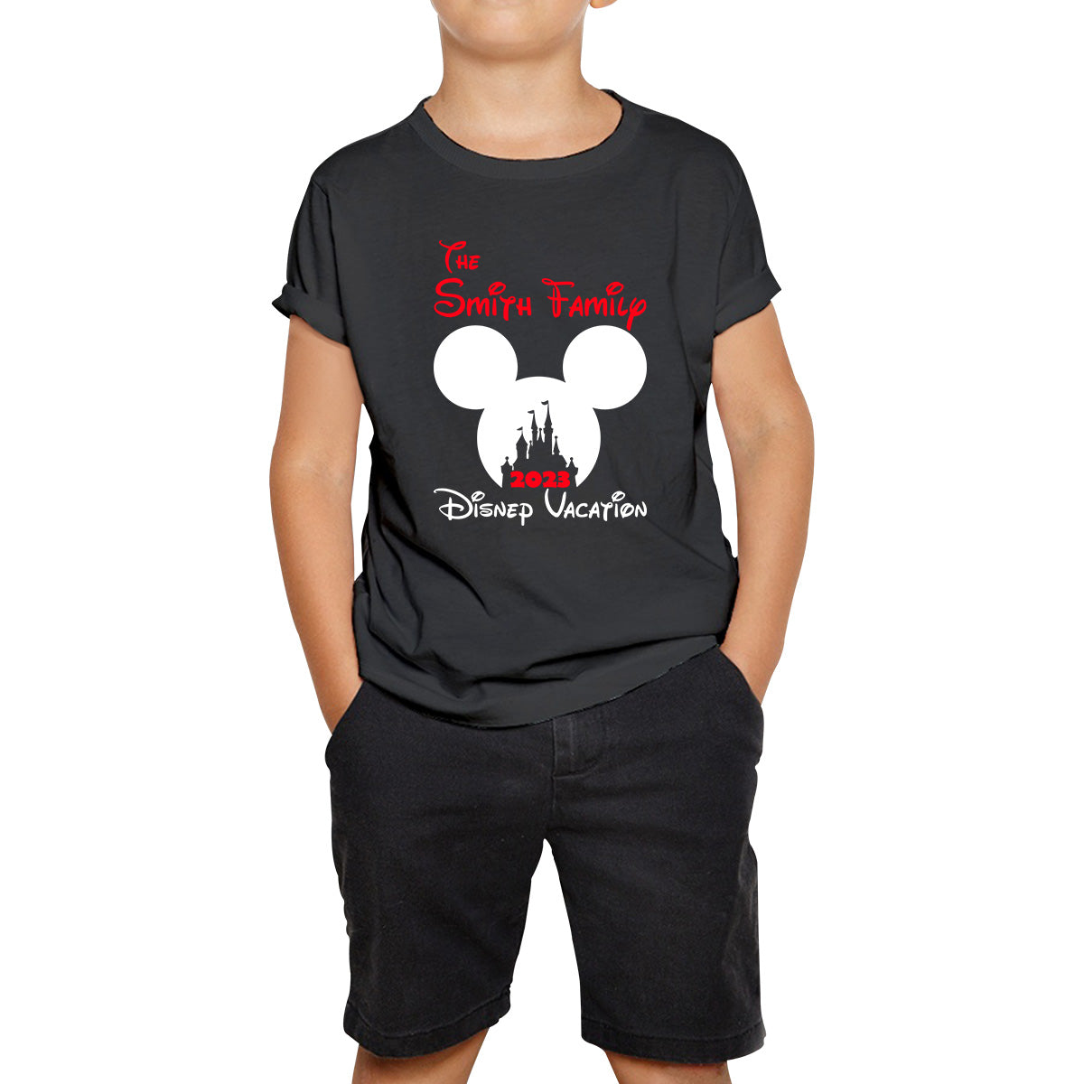 Personalized Your Name Family 2023 Disney Vacation Mickey Mouse Minnie Mouse Disney Castle Magical Kingdom Cartoon Disneyland Trip Kids T Shirt