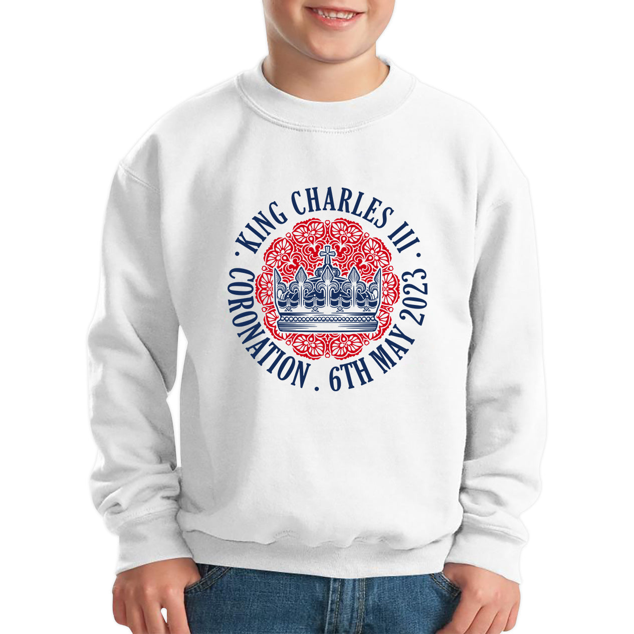 King Charles III Coronation 6th May 2023 Royal Crown CR III Ruling Monarch Of England United Kingdom Kids Jumper